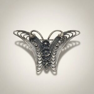 Vtg‎ Beau Sterling Butterfly Brooch Statement Silver Tone Filigree 2" Pin Insect